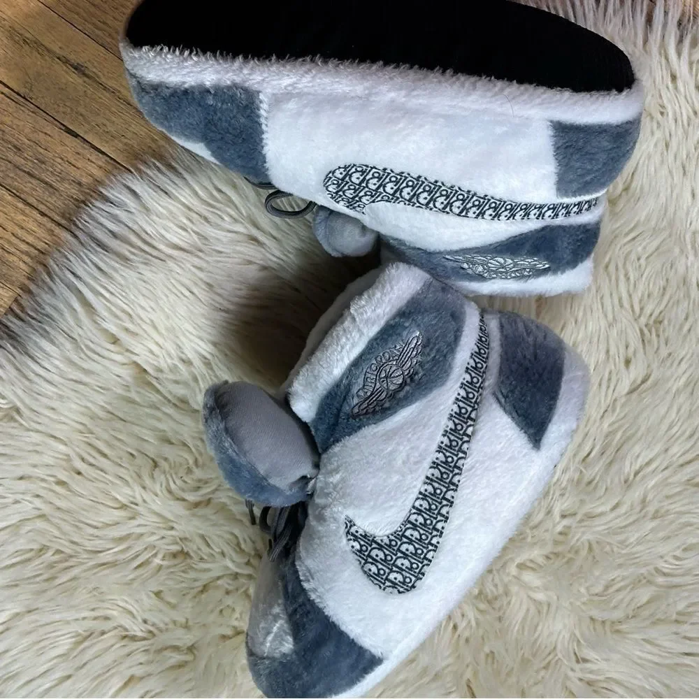 Cozy Plush Slippers with Swoosh Design Soft Indoor House Shoes